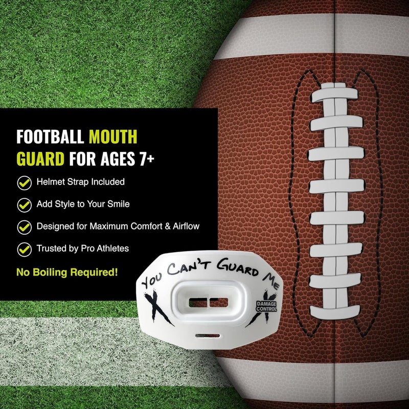 DAMAGE CONTROL Youth Football Mouth Guard – Breathable No Boil Mouthpiece, Protects Lips & Teeth, Works with Braces, Includes Helmet Strap – Sports Gear & Accessories (You Can't Guard Me) - Image 4